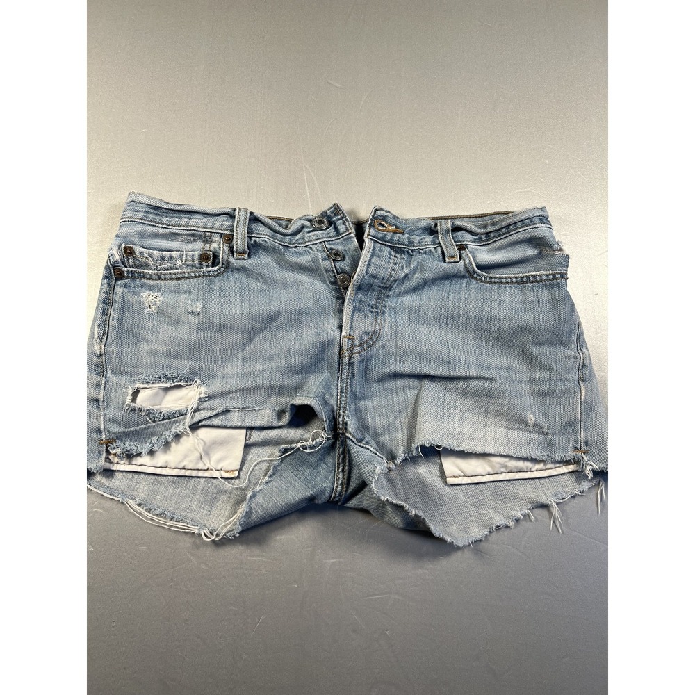 Levis 501 Shorts Womens W29 Blue Distressed Denim High Rise Button Fly Raw Hem